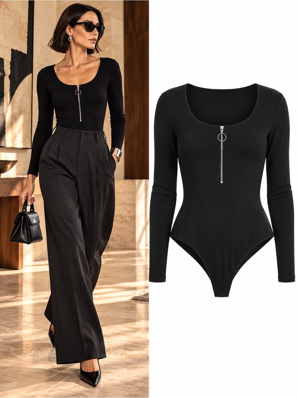 Alice + Olivia Eila Black Ring Zip Long Sleeve Bodysuit Size XS